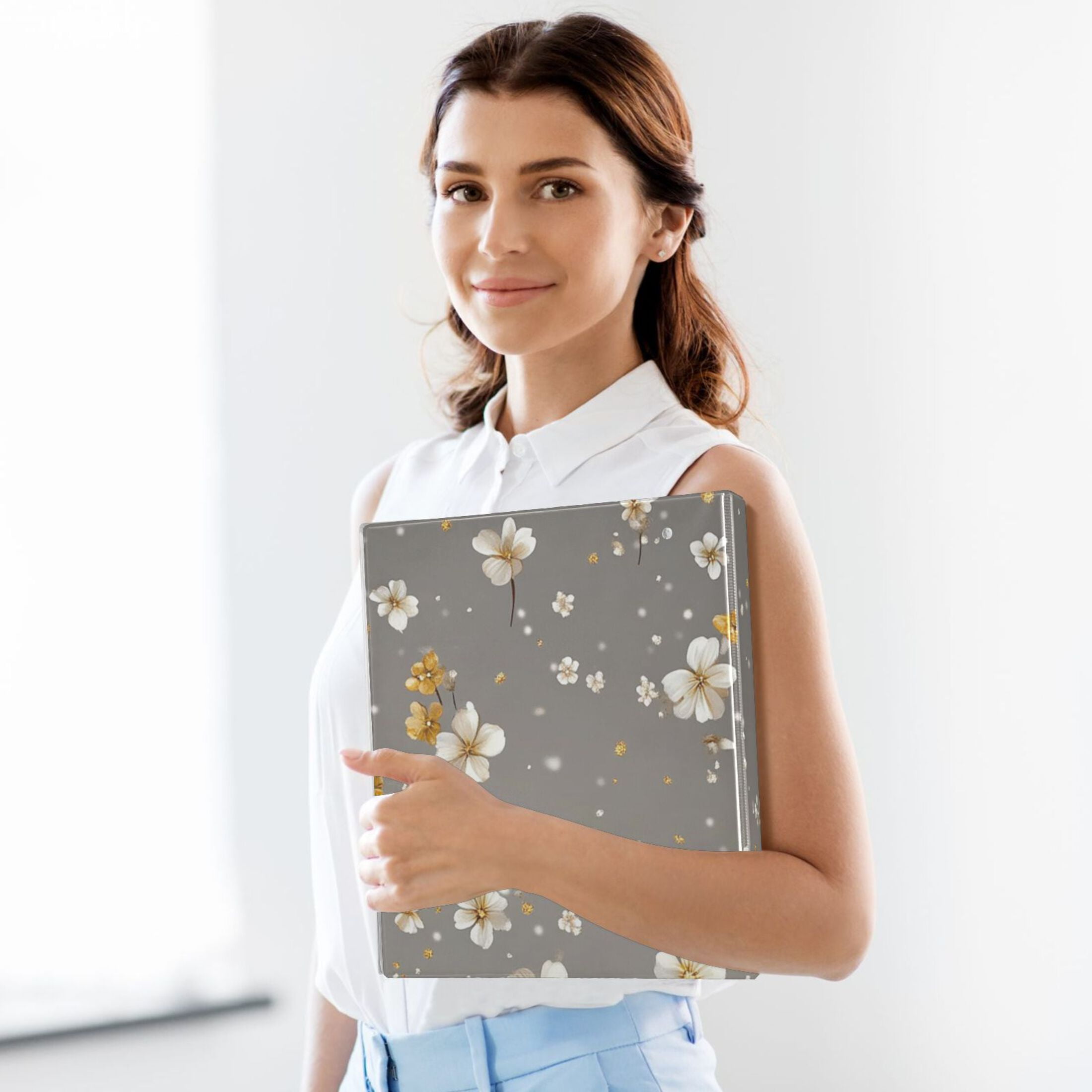 White Flowers in Gray 3 Ring Binders 1.5 inch Hardcover File Folders with Interior Pockets A4 Size Organizer for School Office Hospital
