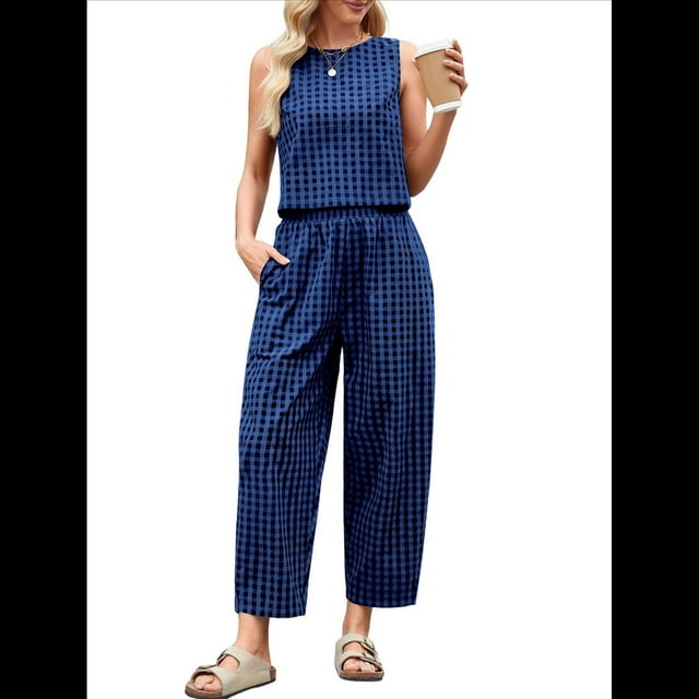 Conjunto de 2 Piezas de Cuadros para Mujer, para Vacaciones en la Playa, Verano, Camiseta Sin Mangas, Pantalones y Traje. Azul L