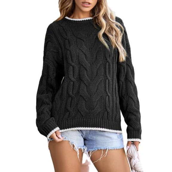 Eytino Sweaters for Women Trendy Crewneck Long Sleeve Color Block Sweater Tops Fall 2025 Chunky Cable Knit Pullover Sweaters Black Size 2XL