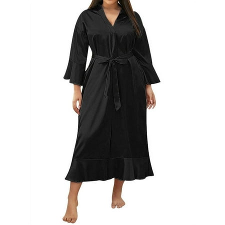 Hugossia Plus Size Women Satin Silk Kimono Robe Gown Sleepwear Lingerie Long Nightie Dress