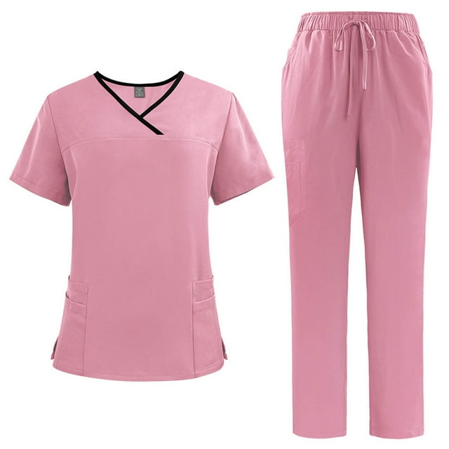 Ensemble Sarrau Jogger 2 Pcs pour Femmes, Uniformes de Soins Classique et Mode, Hauts à Manches Courtes à Encolure Croisée et Pantalons, Uniforme Médical, Rose, G