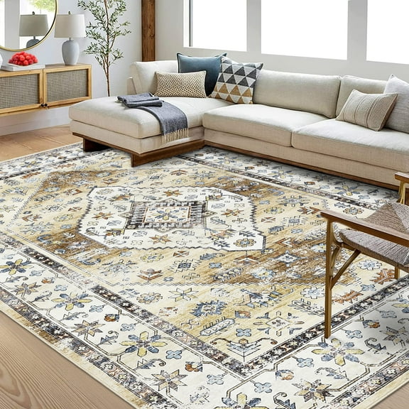 Hasoo Area Rug 8' x 10' Rug for Living Room Foldable Thin Rug Oriental Distressed Carpet, Yellow