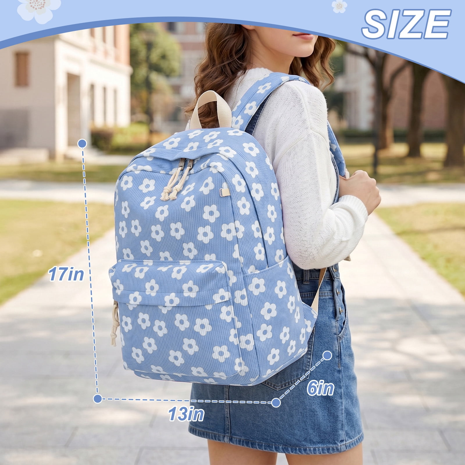 DAKIMOE School Backpack for Teen Girls Bookbags Elementary High School Corduroy Laptop Bags Women Travel Daypacks Middle School College Big Blue Flower