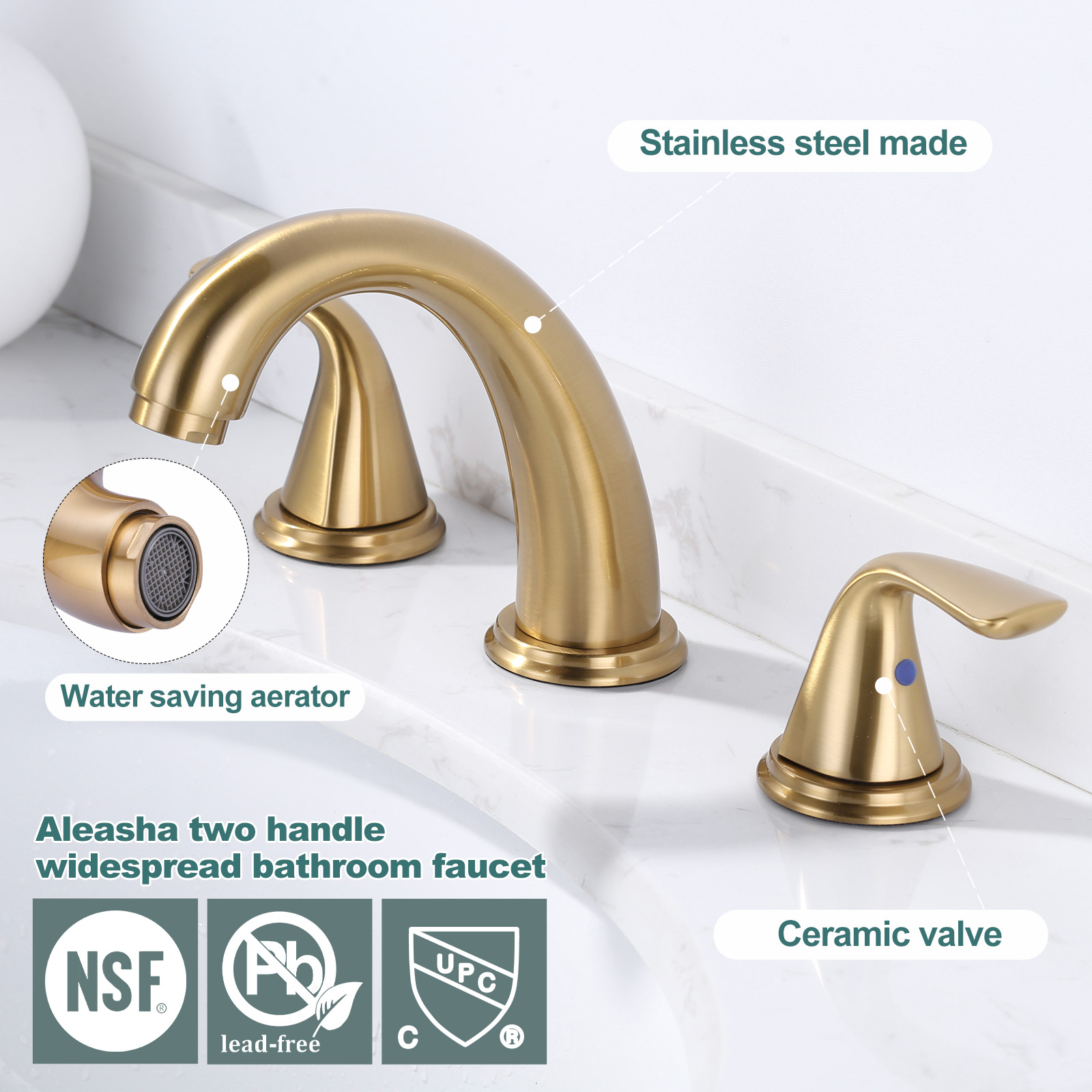 Wowow Widespread 2-Handle Bathroom Faucet in Gold for Bathroom Sink with Pop Up Drain