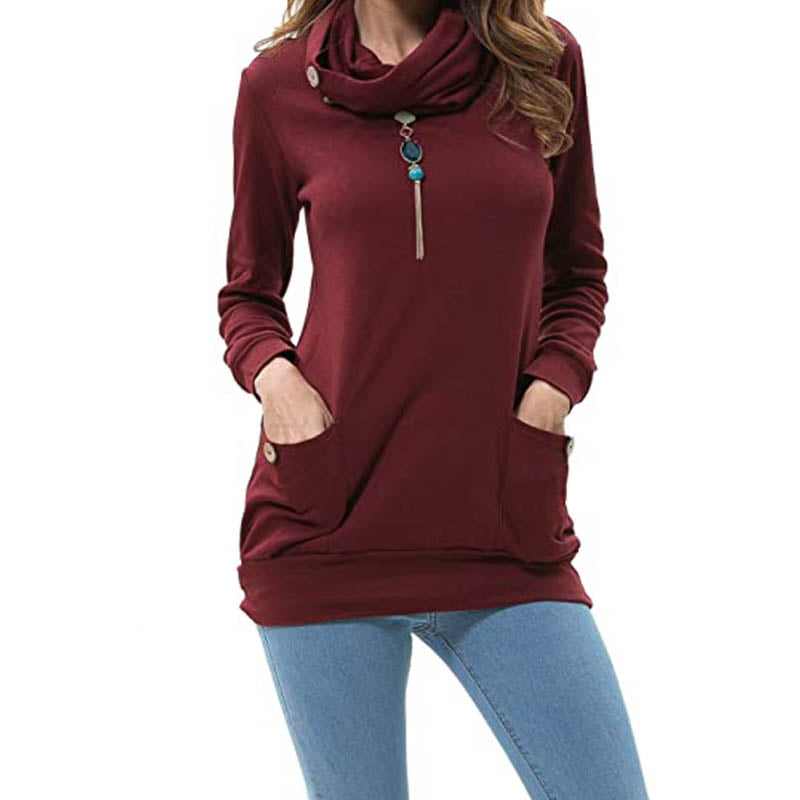 Womens Casual Long Sleeve Cowl Neck Sweatshirts T-Shirt Tops with Pockets