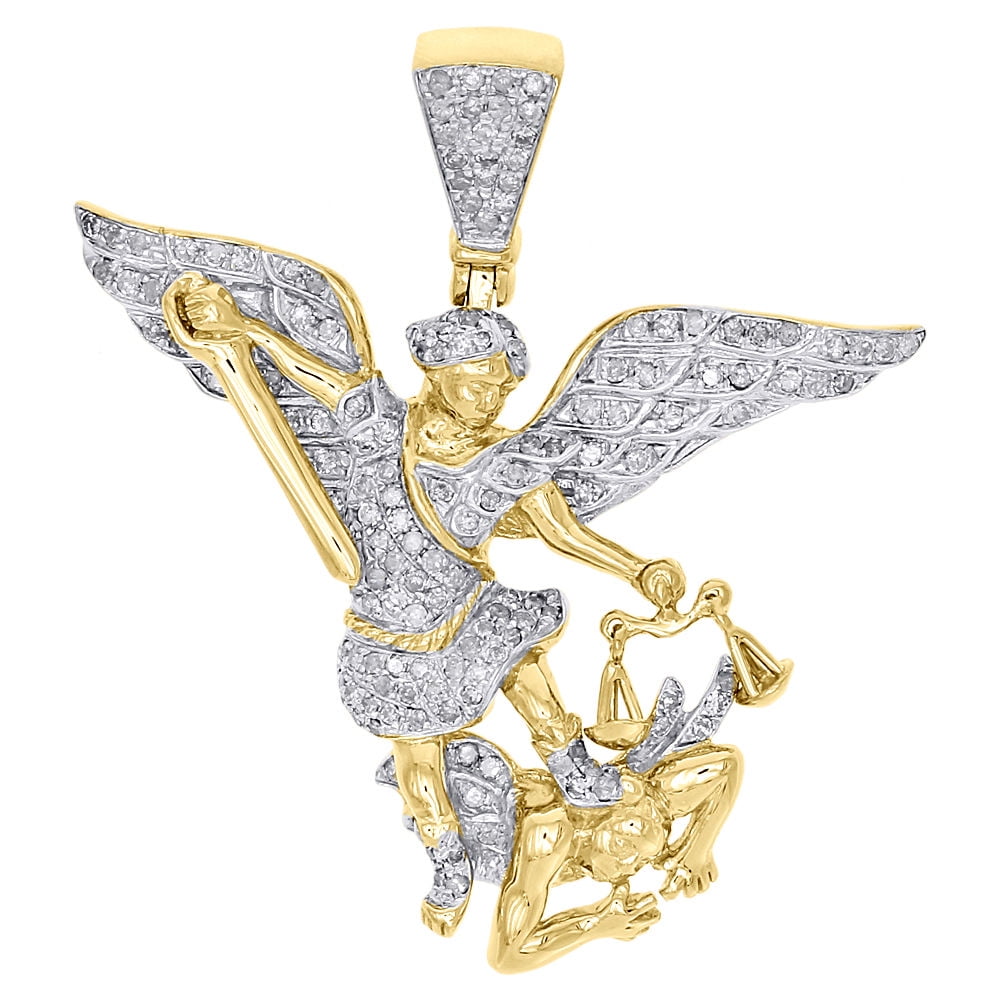 Jewelry For Less 10K Yellow Gold Genuine Diamond Saint Michael Pendant Mens Pave Charm 0.64 Ct