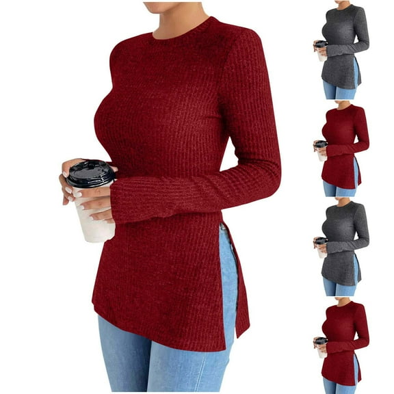 Ashirexll Long Sleeve Shirts for Women Winter Tops Casual Solid Color Round Neck Slim Long Sleeve Top