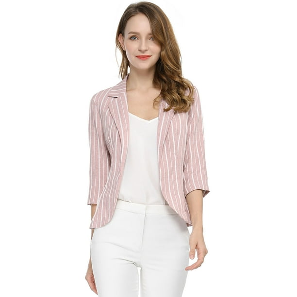 Blazer De Solapa Con Muescas Y Mangas 3/4 A Rayas Para Mujer Rosa S