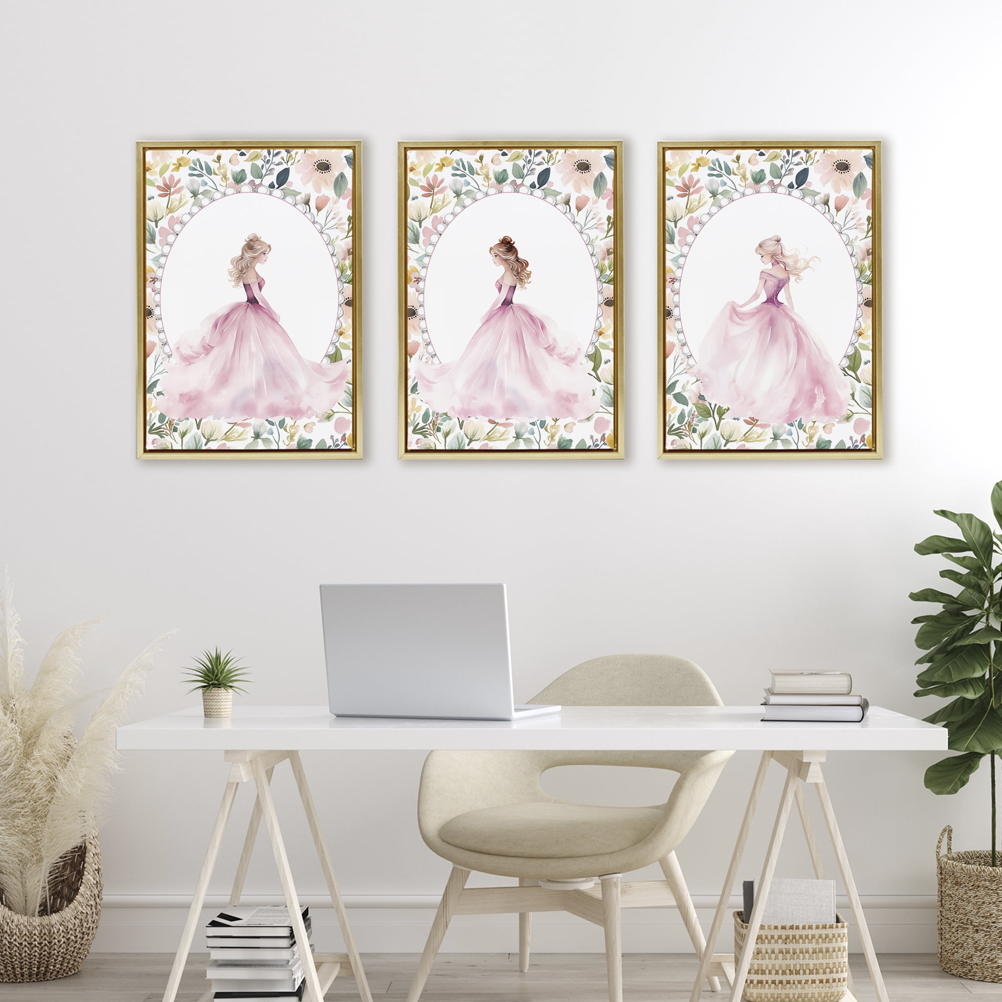Stupell Industries Bordered Princess Love 3 Piece Gold Framed Floater Canvas Set, design by Christine Simpson Art