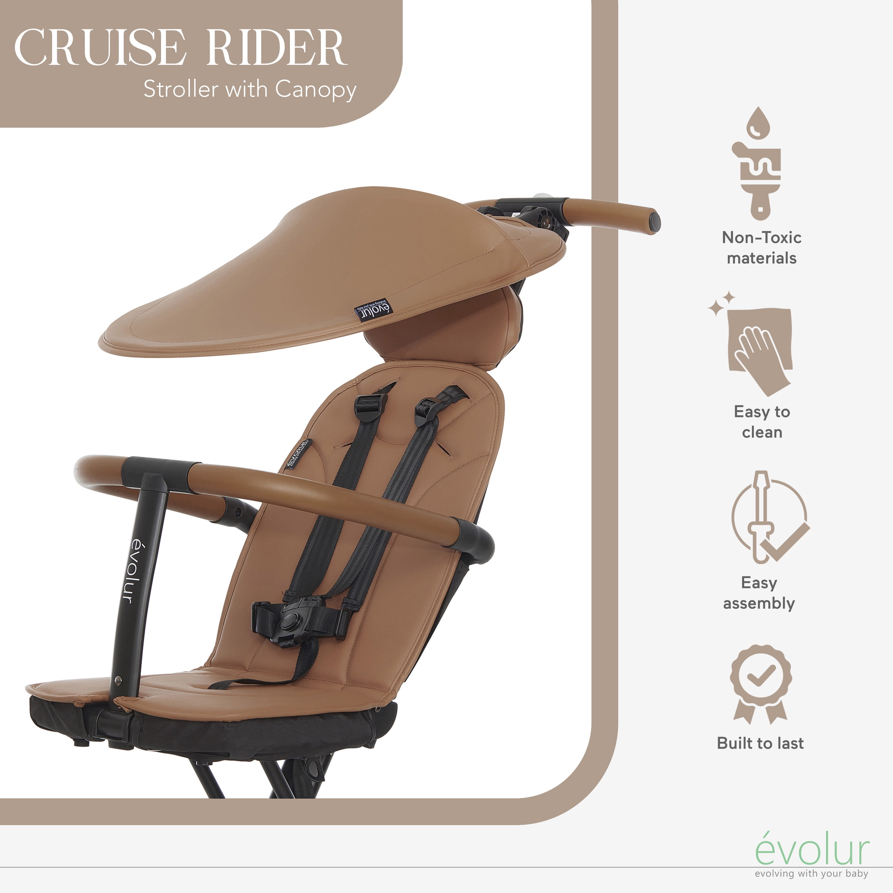 Evolur Cruise Rider Stroller with Canopy, Easy to Carry Travel Stroller, Cognac