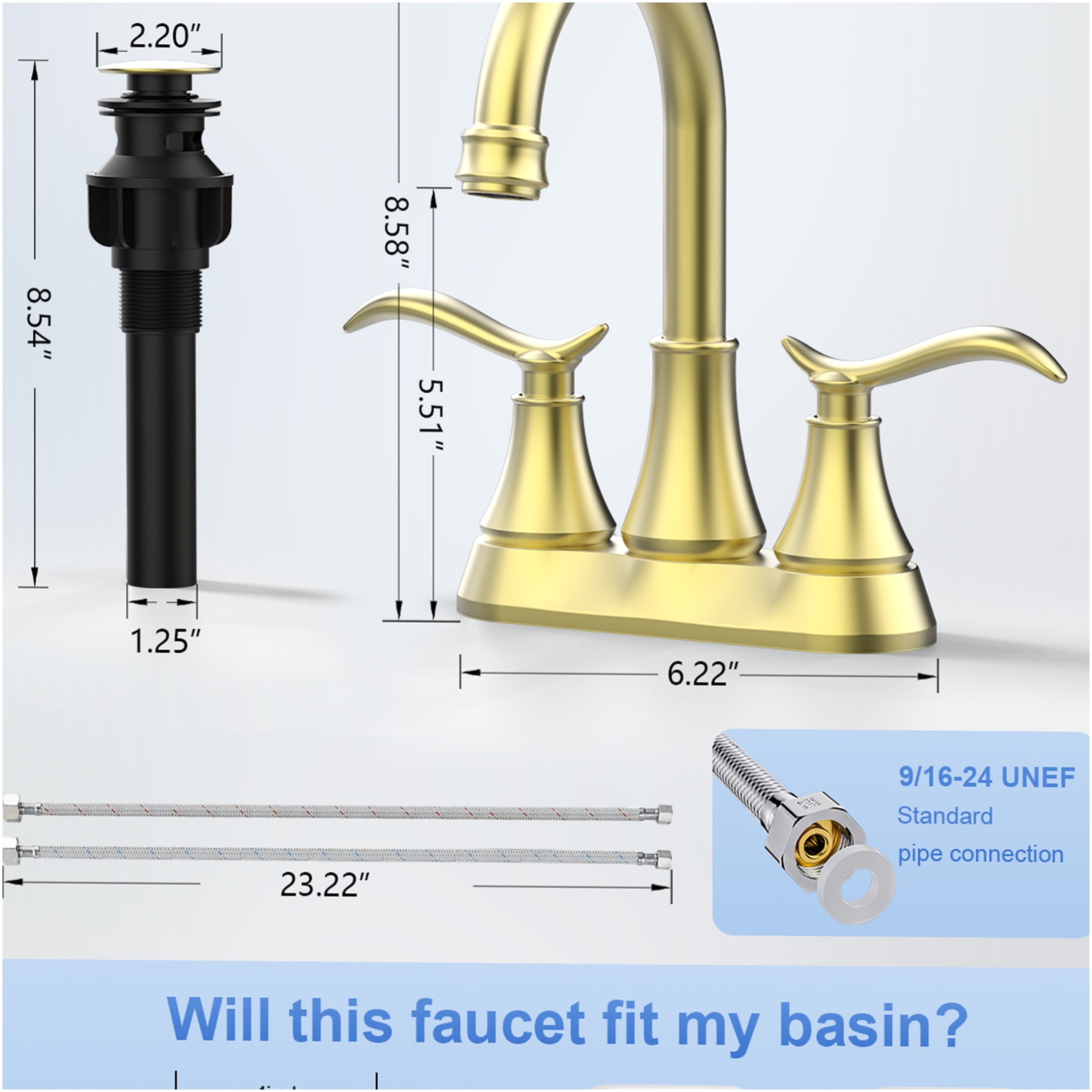 JERFIT 4 inch Centerset Bathroom Sink Faucet with Drain, Brushed Gold 2-Handle High Arc Swivel Spout, Water Saving Deck Mount Vessel Vanity Faucet