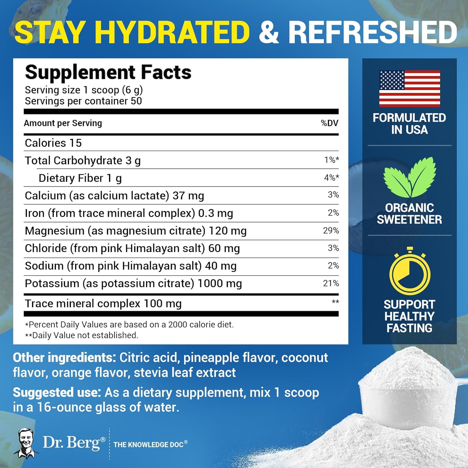 Dr. Berg Electrolyte Powder - Tropical Coconut, Pineapple & Orange Hydration Powder, 50 Servings