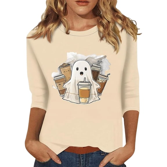 Bainana Halloween 3/4 Sleeve Tshirts For Womens Ghost Print Crew Neck Fall Tops Soft Lightweight Ladies Theme Party Casual Tees Size L