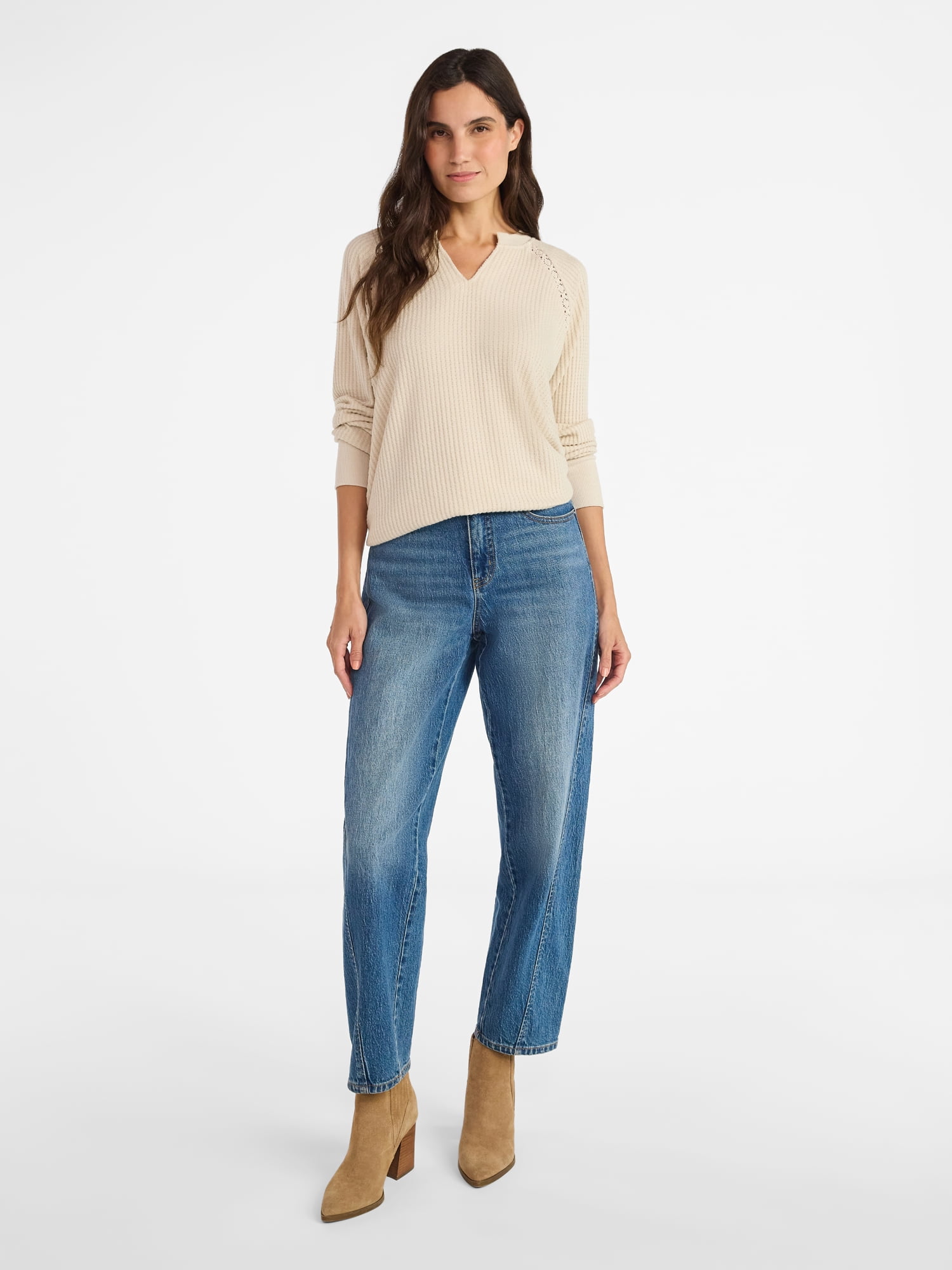 Time and Tru Women’s Notch Neck Waffle Top with Long Sleeves, Size XS-XXXL