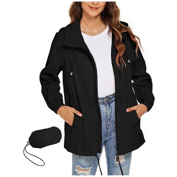 UYISJ Packable Rain Jacket Women Lightweight Waterproof Raincoat with Hood Pockets Outdoor Hiking Travel Windbreaker Black XL