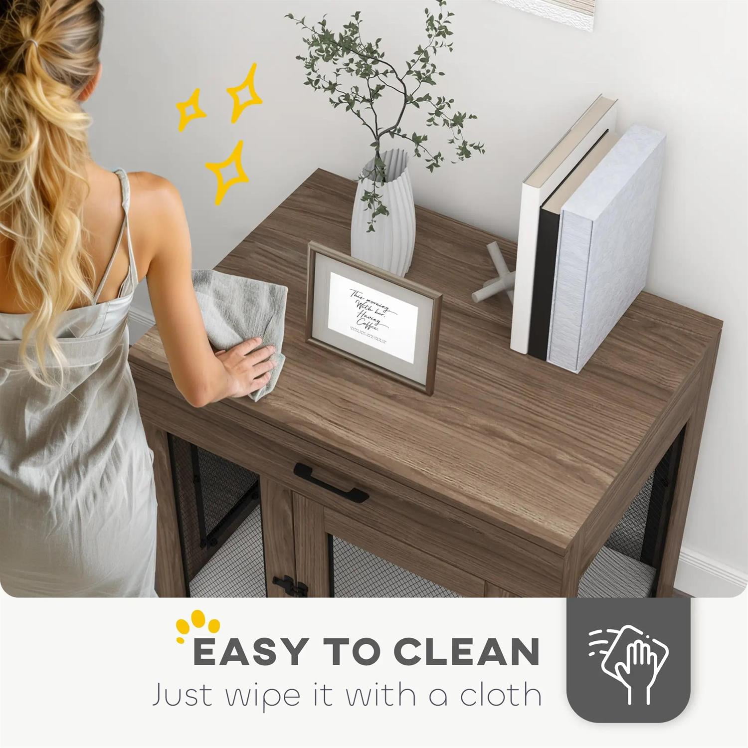 Pefilos 37" Dog Crate Furniture with Soft Water-Resistant Cushion, Drawer, Wooden Kennel Table, Indoor Dog House for Small Dogs, Brown