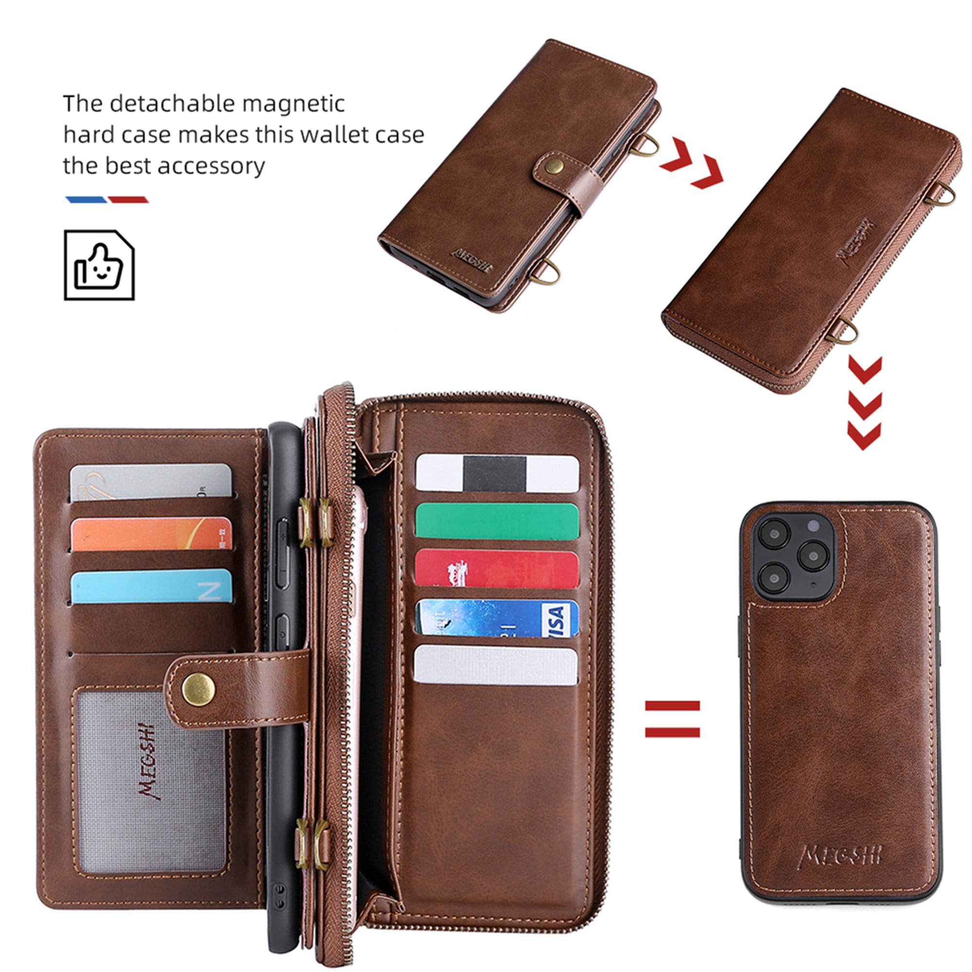 Dteck Wallet Case for iPhone 12 Pro / iPhone 12 6.1-inch, 2 in 1 Magnetic Detachable Wallet Purse [Crossbody Chain] Durable PU Leather Zipper Handbag Folio Flip Card Slot Protection Back Cover, Brown