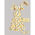 thumbnail image 3 of Multicolor Lemon Print Midi Dress With Puff Sleeves Square Neck Side Tie Waist Flowy Skirt, 3 of 8