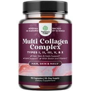 Advanced Multi Collagen Complex - Ageless Multi Collagen Peptides Supplements with Type 1 2 3 5 & X & Biotin for Hair, Skin and Nails Vitamins - Biotin Supplements for Women & Men - 90 Count