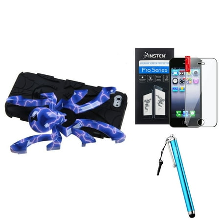 Iphone 5 Bundle Accessories Insten Blue Lightning/Black Spiderbite Hybrid Case For iPhone SE 5S 5 + Stylus + Protector (3-in-1 Accessory Bundle) ()