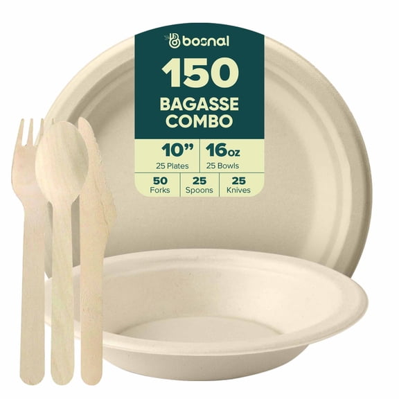 BOSNAL 10 Inch Round Bagasse Plates and 16 Oz Bowls with Cutlery – Compostable, Biodegradable & Eco-Friendly Disposable Tableware for Parties, Catering & Events