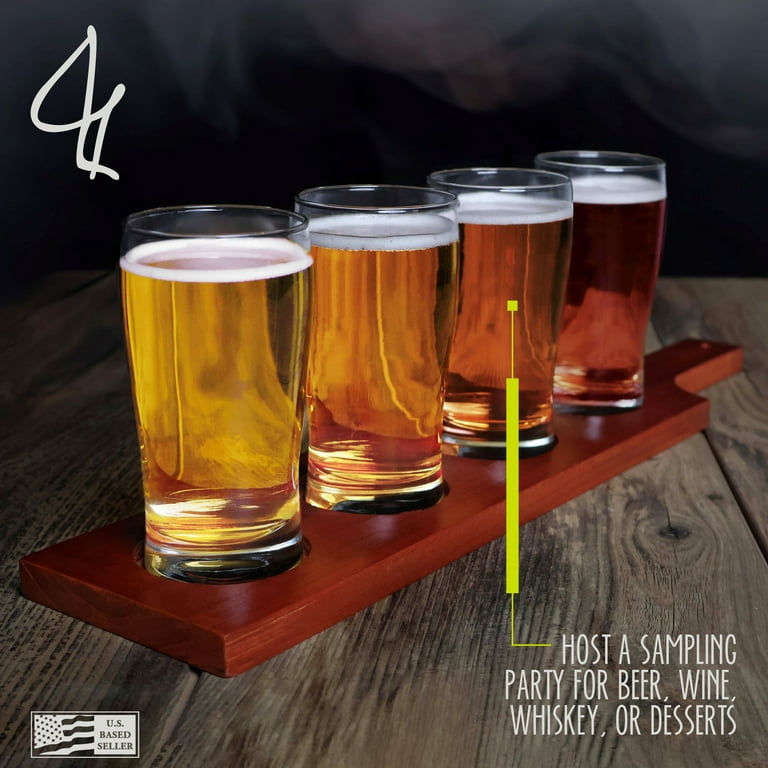 Beer Tasting Serving Set - Wood Paddle & 4 Glasses