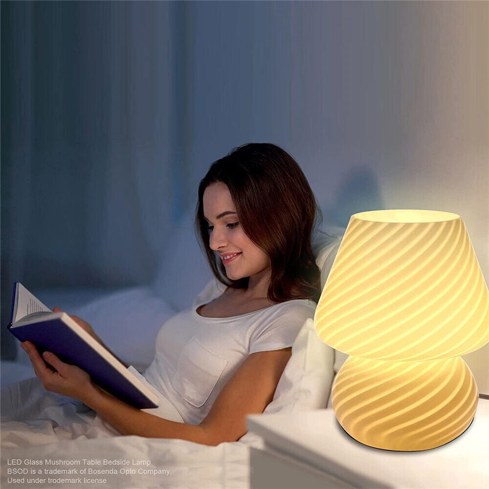 Glass Mushroom Bedside Table Lamp, Yellow Translucent Murano Vintage Style Striped Small Nightstand Desklamp Swirl Light for Home Decor, Dining, Living, Bedroom, Gift