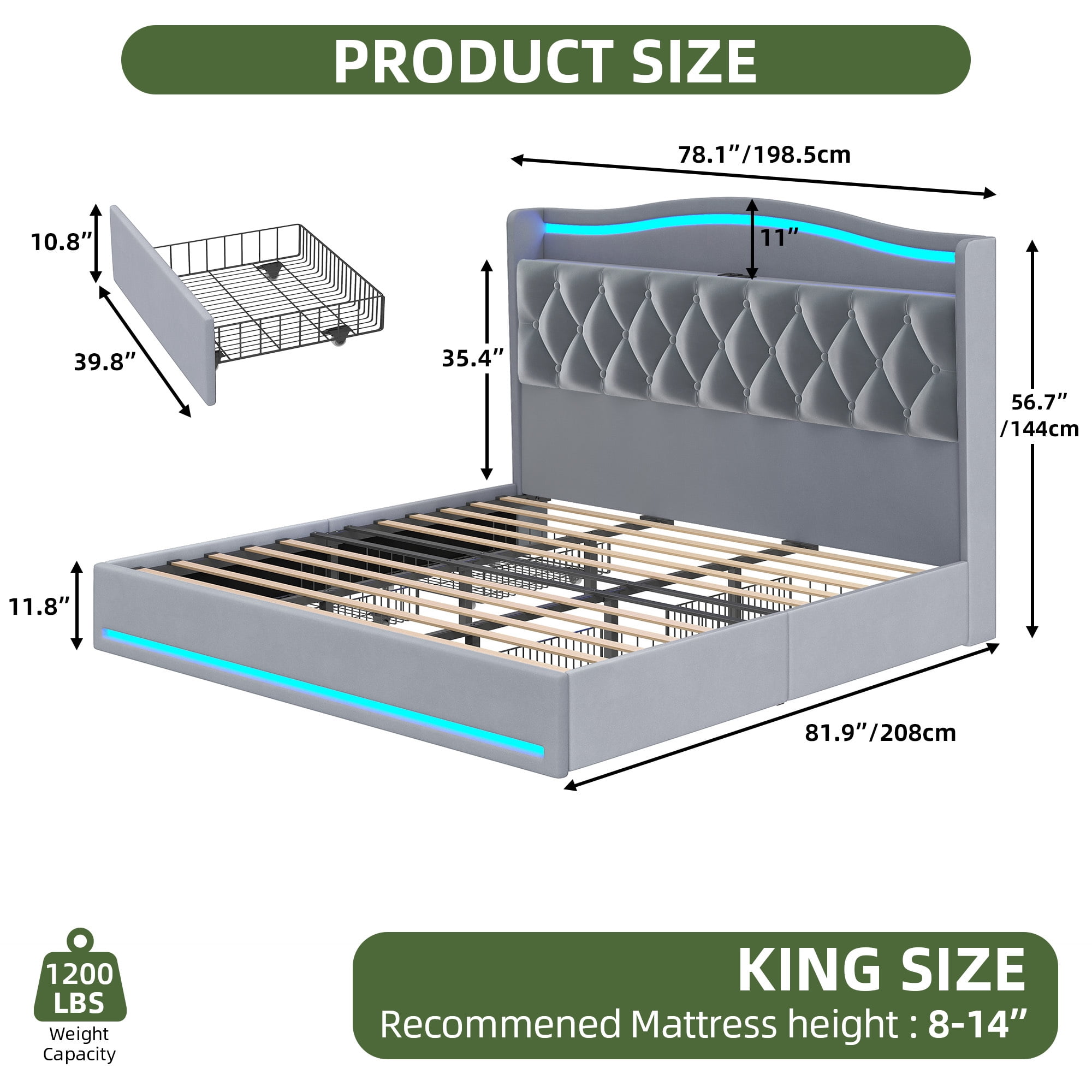 Uforic King Size Bed Frame with Power Outlets & LED Lights, Upholstered Storage Bed Frame with Drawers & Headboard, Gray