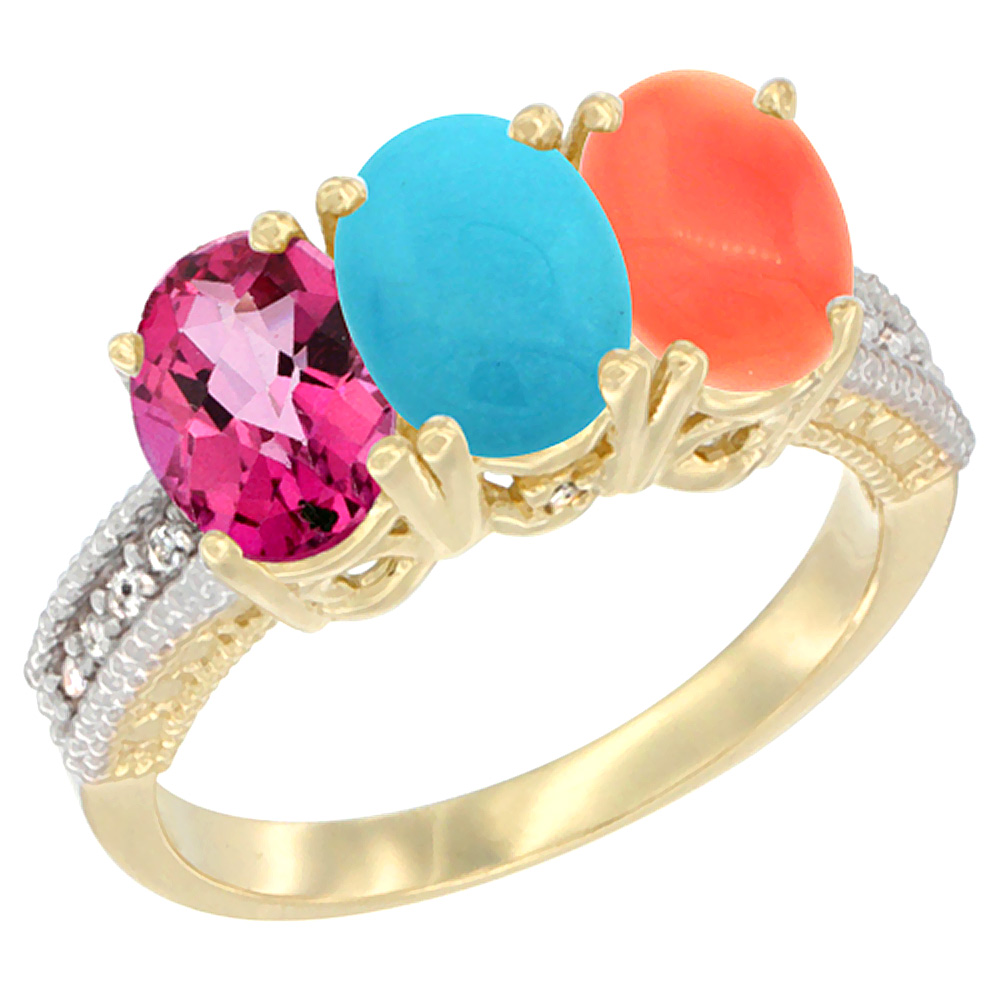 10K Yellow Gold Diamond Natural Pink Topaz, Turquoise & Coral Ring 3-Stone 7x5 mm Oval, sizes 5 10 by WorldJewels
