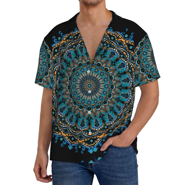 Fotbe Mandala Camisa Estampada de Manga Corta para Hombre, Casual de Verano, Estilo Playero, Sin Arrugas-Medium