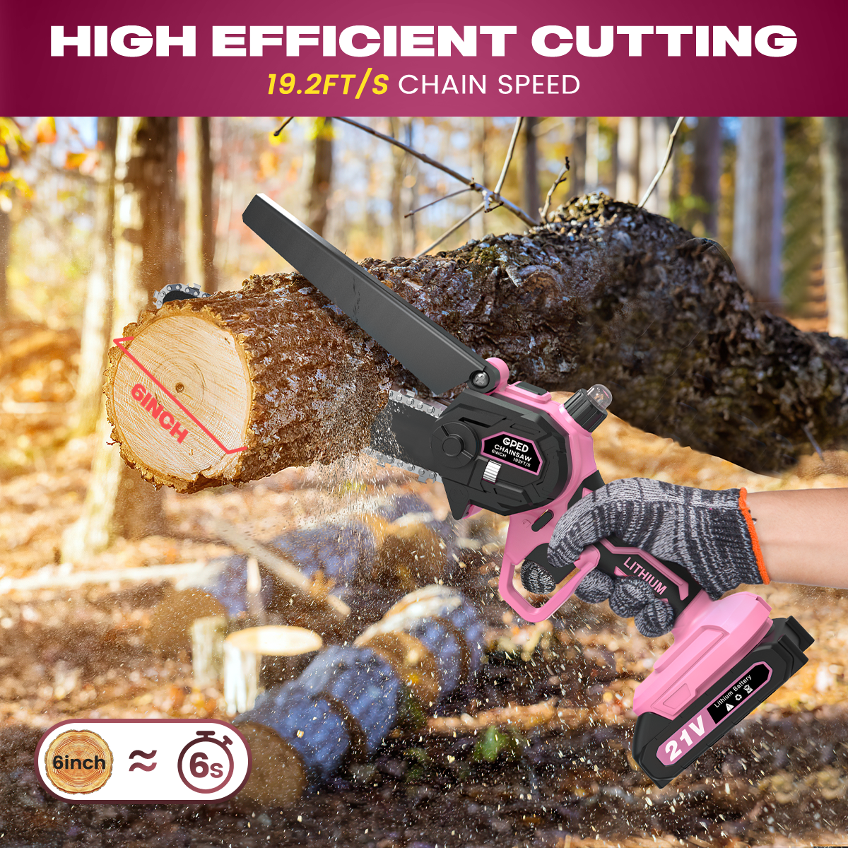 GPED Mini Chainsaw Cordless 6 inch with 2 Battery, Mini Power Chain Saw with Security Lock, Electric Chainsaw, Handheld Small Chainsaw for Tree Trimming Wood Cutting, Pink