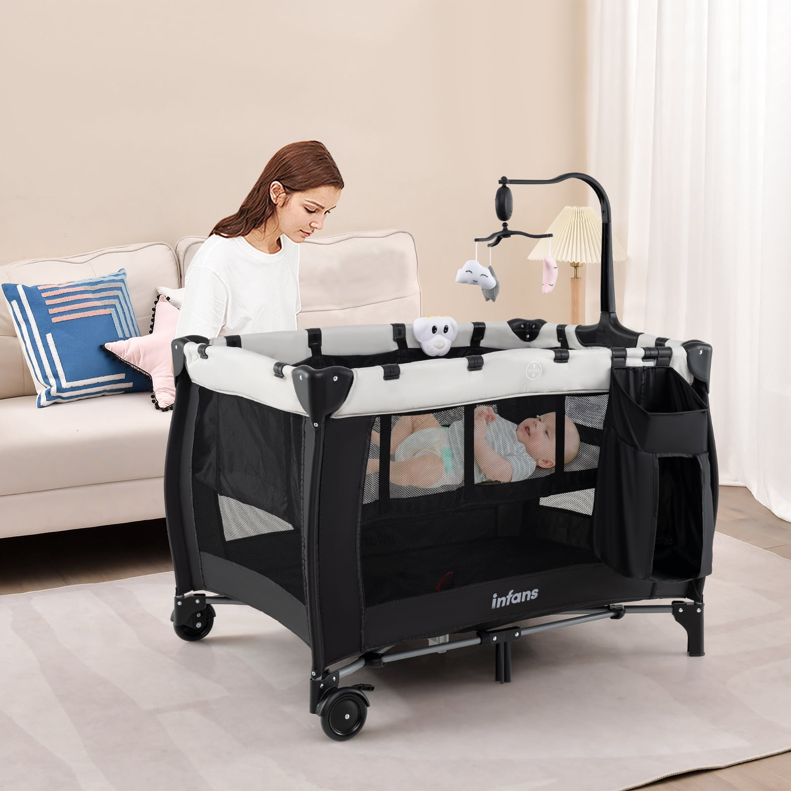 INFANS 3 in 1 Pack and Play, Portable Travel Baby Crib Bassinet with Detachable Mattress, Newborn Changing Table, Foldable Playpen with Carry Bag and 2 Wheels