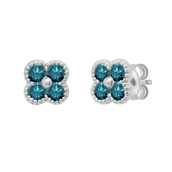 Dazzlingrock Collection Boucles d'Oreilles à Poussoir Fleuries en Diamant Bleu Rond pour Femmes (0,48 Ct. Couleur Bleu, Pureté I2-I3) en Or Blanc 14 K