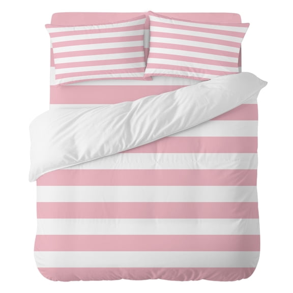 Pink and Full Duvet Cover Set 4pcs White Stripes Soft Cozy All Season Bed Sheet Set, 1 Duvet Cover 1 Sheet and 2 Pillowcases (No Comforter)