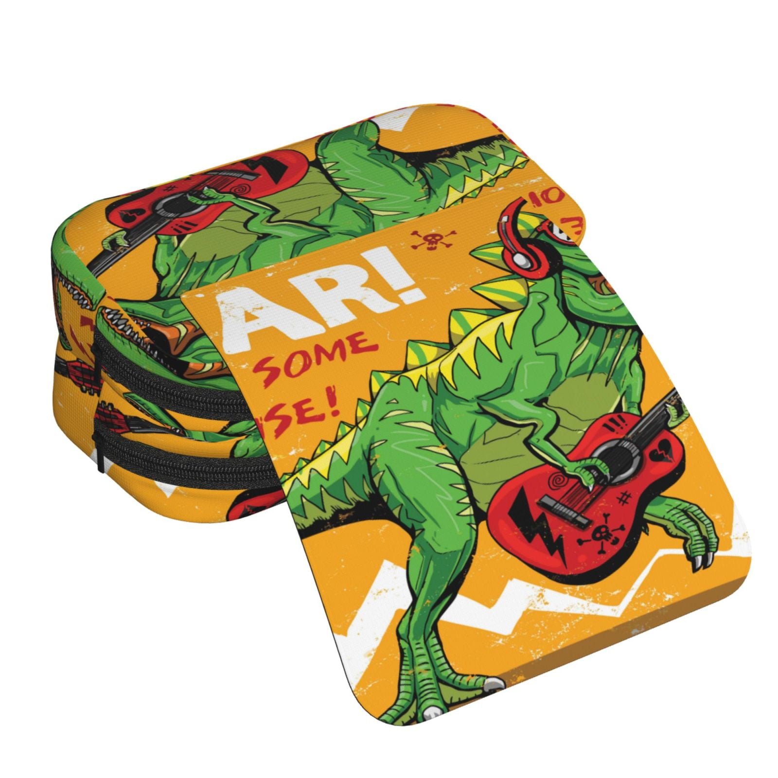 Rateoe Cool Dinosaur Playing Guitar Pattern Double Clamshell Pen Case, Storage Organizer with Two Zipper Compartments– Holds Up to 50 Pencils & Pens