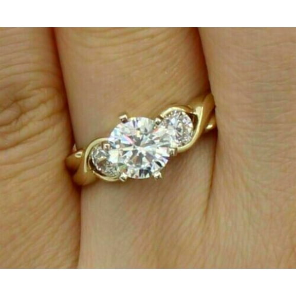 Women's Three Stone Wedding Ring 2.24Ct Round Cut Simulated Diamond 14k Yellow Gold Plated