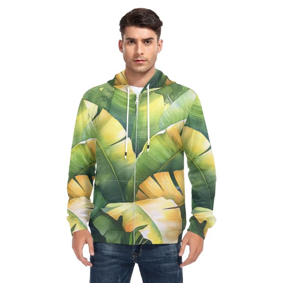 Green Palm Leaves Men’s Hoodies Sweatshirt with Full Zip Pockets Fleece Jackets