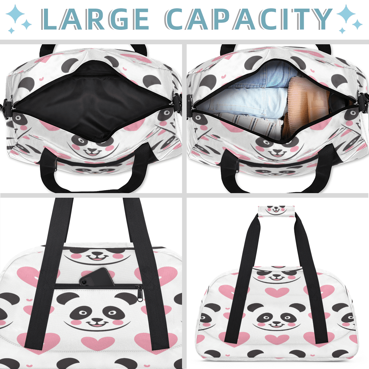 Herdesigns Cute Pandas Sports Duffle Bag for Women & Men, Pink Heart Gym Bag Dance Bag Overnight Bag Carry On Weekender Travel Bag