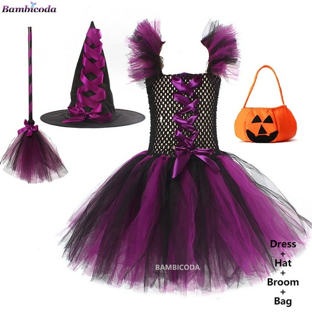 Vestido Tutú De Halloween Con Sombrero De Bruja Para Niños , Disfraz De Fiesta De Cumpleaños De Baile