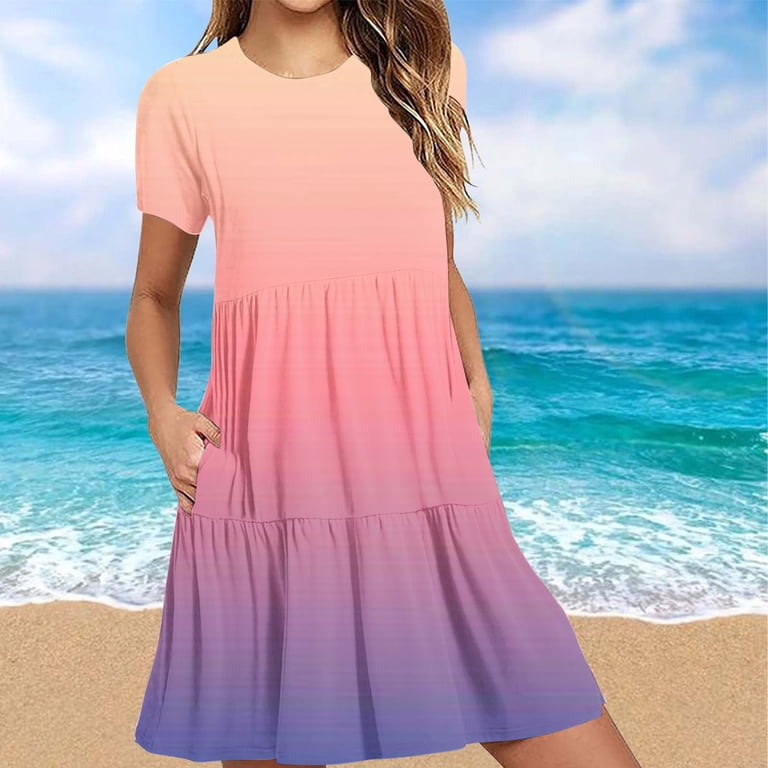 Meichang Womens Summer Dresses Gradient Print Short Sleeve Crew Neck Tiered Dress Knee Length Flowy Loose Fit Pleated A-Line Beach Dress with Pockets,