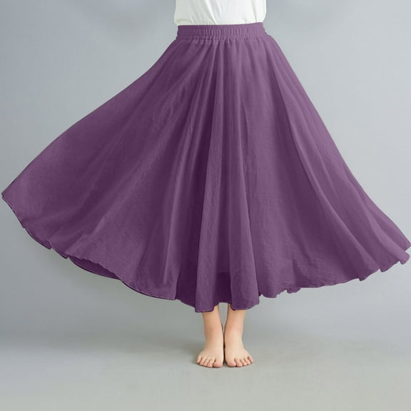 AUNVITO Women Casual Summer Flax A-Line Skirt Elastic Waist Solid Color Ankle-Length Skirt for Daily, Party, Beach