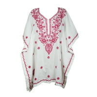 Mogul Women BOHO White Cotton Dress Floral Embroidered Kimono Resort Wear Tunic Kaftan S/M