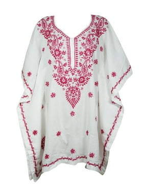 Mogul Women BOHO White Cotton Dress Floral Embroidered Kimono Resort Wear Tunic Kaftan S/M