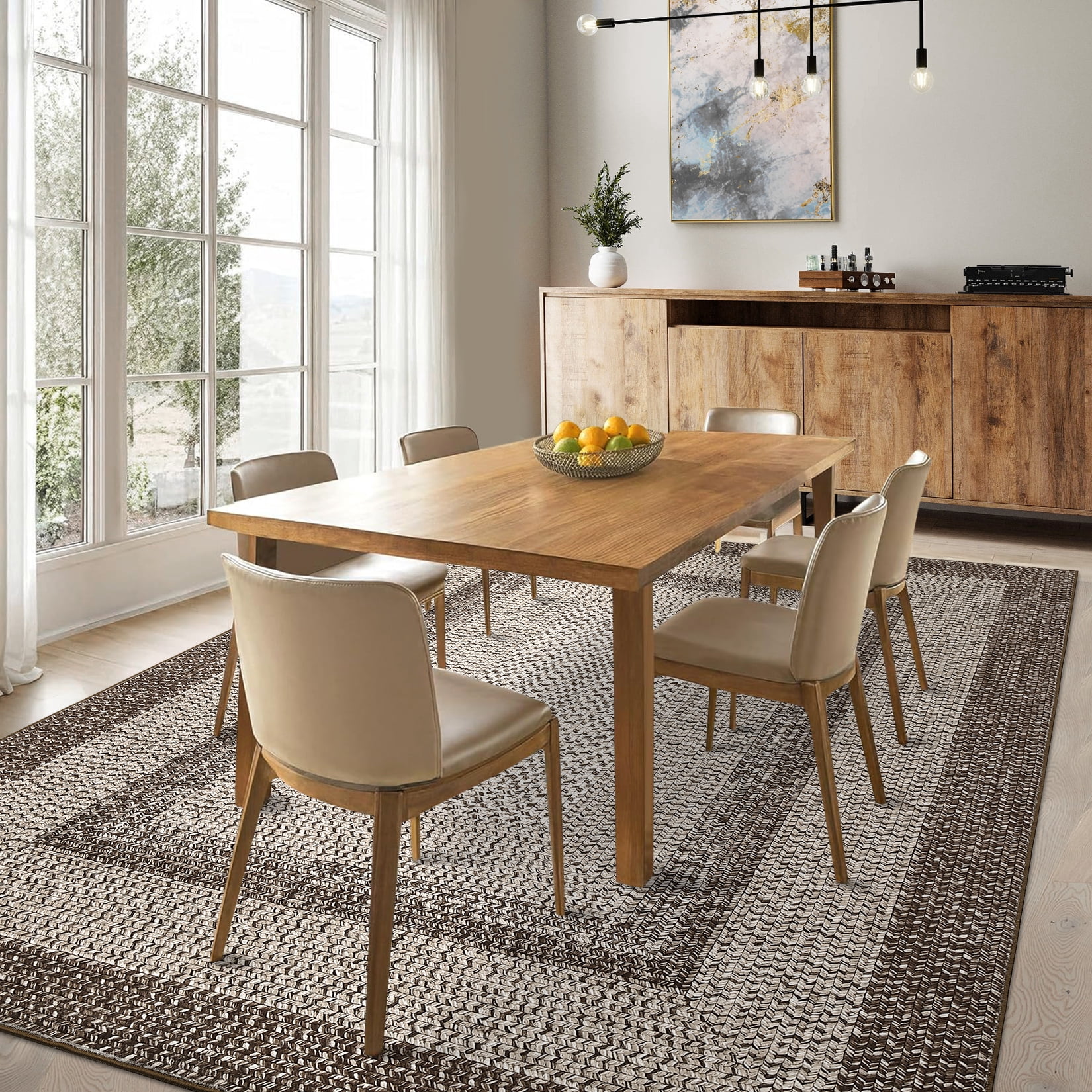 Garvee 6'x9' Printed Braided Rugs Farmhouse Bordered Carpet, Machine Washable Indoor Area Rug Non-Slip Low Pile Rugs for Living Room Bedroom Home Decor, Camel