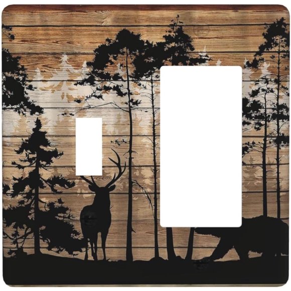 Hunting Forest Bear Deer 2 Gang Single Toggle Rocker Combination Light Switch Cover Decorative Wall Plate Cover Electrical Faceplate for Bathroom Bedroom Home Decorate