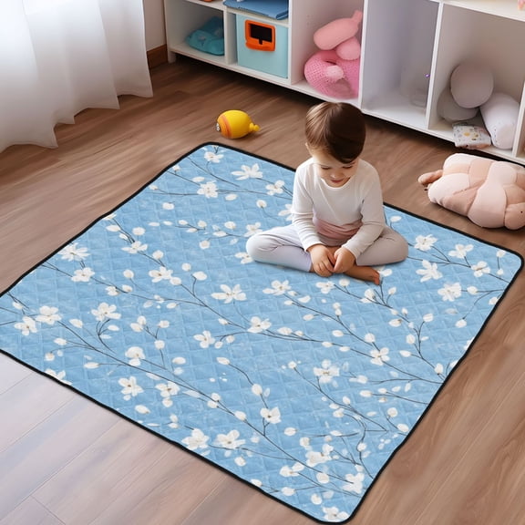 WOBOGO Light Blue Background with White Floral Pattern Baby Playmats Extra Large Waterproof Rollable Activity Pads for Toddlers 50×50inch