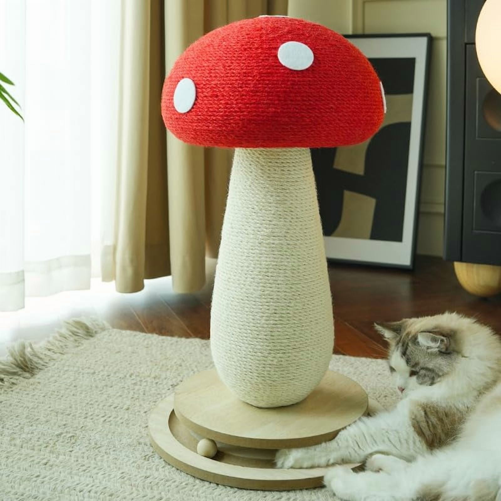 Mushroom Cat Scratching Post for Indoor Cats, Cute Scratching Post with Durable Solid Wood Spinner Toy, Mushroom-Shaped Cat Toy and Sisal Scratching Post to Protect Your Furniture