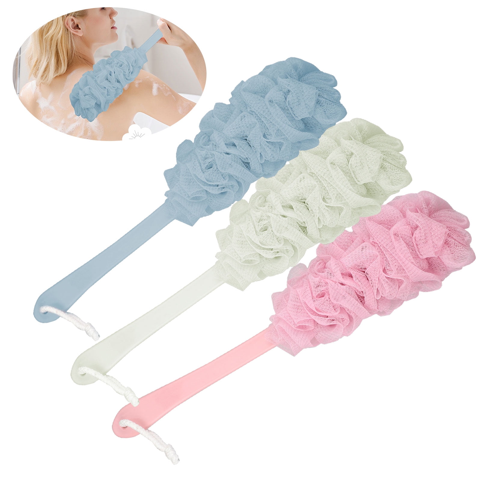 L-FENG-UK Plastic Long Handle Bath Body Back Scrubber Brush with Shower Mesh Pouf on Green