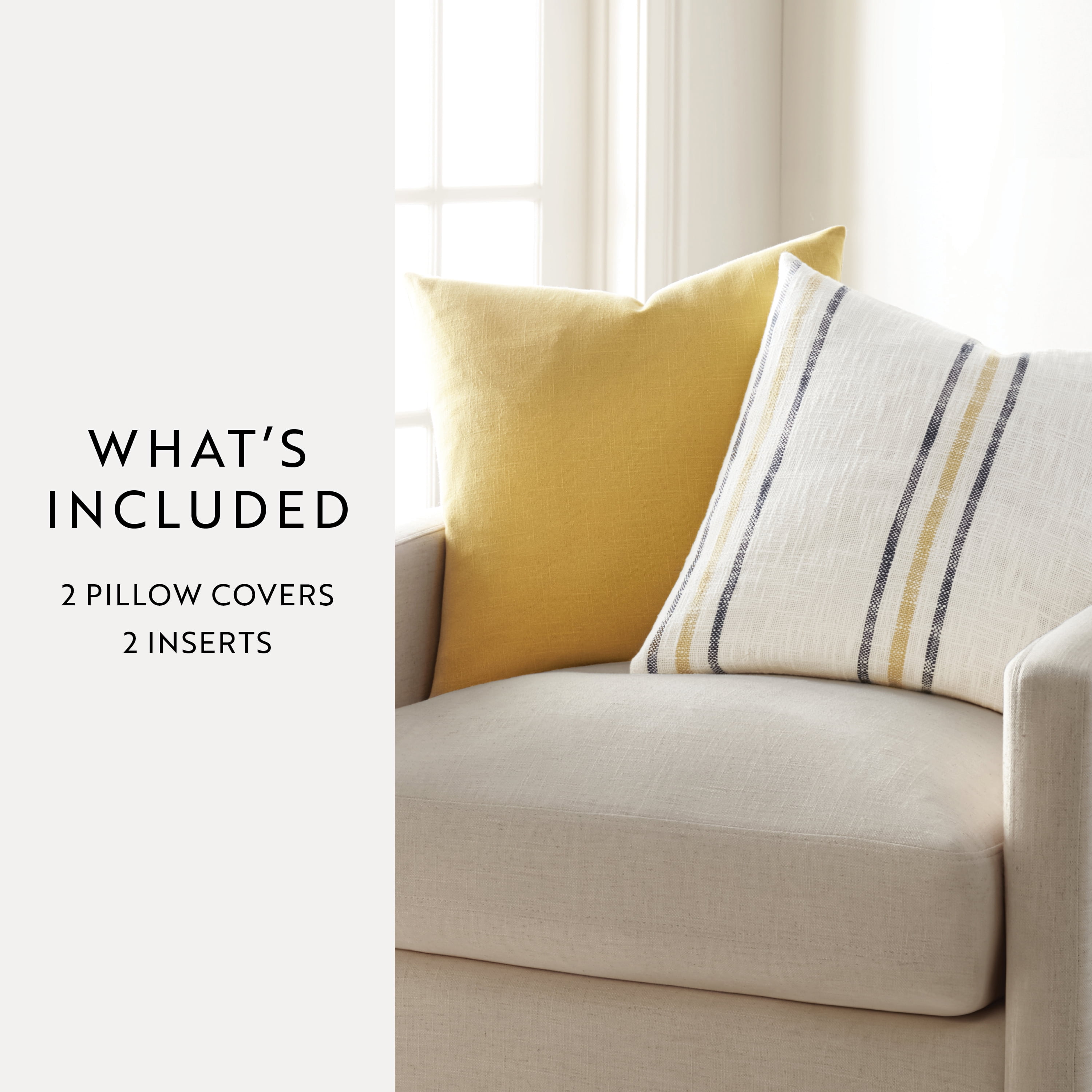 Noble Linens 2-Pack Decor Throw Pillows Mustard Yarn-Dyed Framed Stripe and Solid