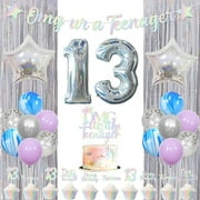 Iridescent 13th Birthday Decorations Girl, Omg Ur A Teenager 13 Banner Cupcake Cake Topper Silver Fringe Curtains Star Foil Balloons for 13 Years Old Birthday Party Supplies